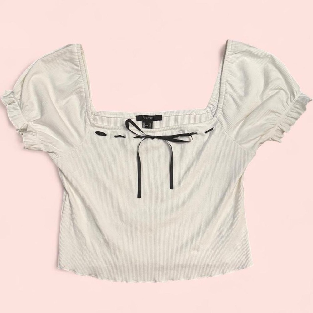 Forever 21 White Puff Sleeve Blouse with Black Accents